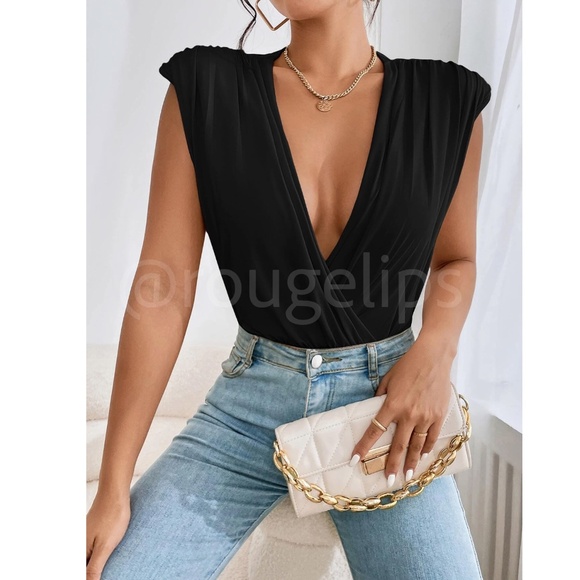 Black Ruched Bodysuit Deep V-Neck Overlapping Front Shoulder Pads - Picture 2 of 7